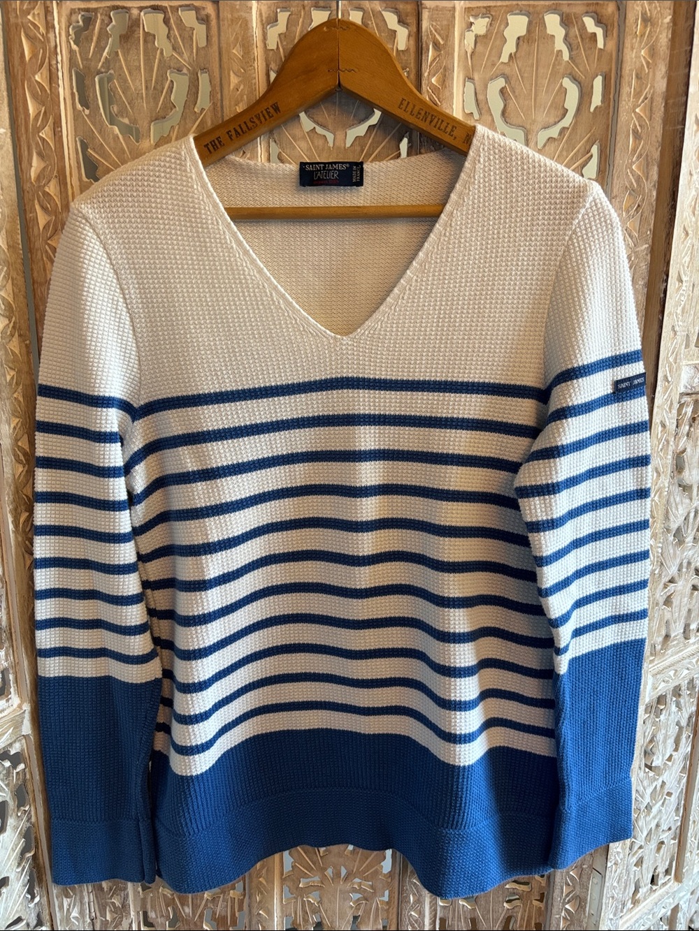 SAINT JAMES BREHAT Cotton V-neck Sweater Nautical Stripe Size 8 Made in France